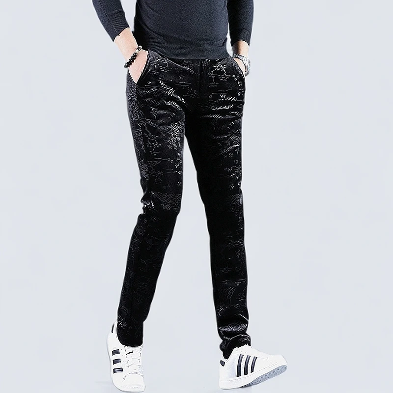 印花高端潮牌裤子男秋冬季新款男士休闲裤潮流灯芯绒长裤花男裤