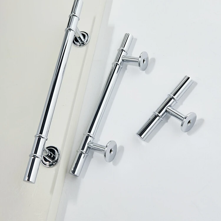 宝珀现代简约银色长条拉手法式奶油风欧式实心黄铜厨房衣柜门把手