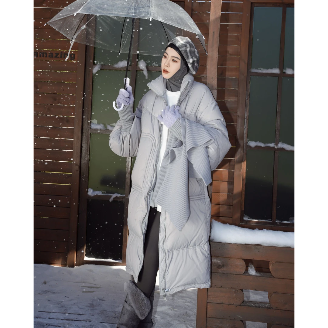 乙丝玛新款灯笼袖羽绒服长款灰色含披肩保暖时尚休闲