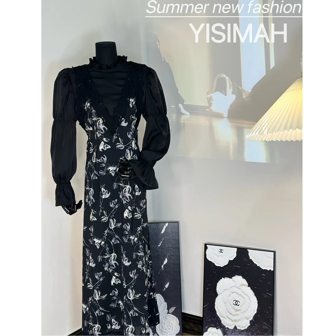 乙丝玛新款郁金香宫廷风连衣裙女装碎花显瘦气质法式复古黑色印花