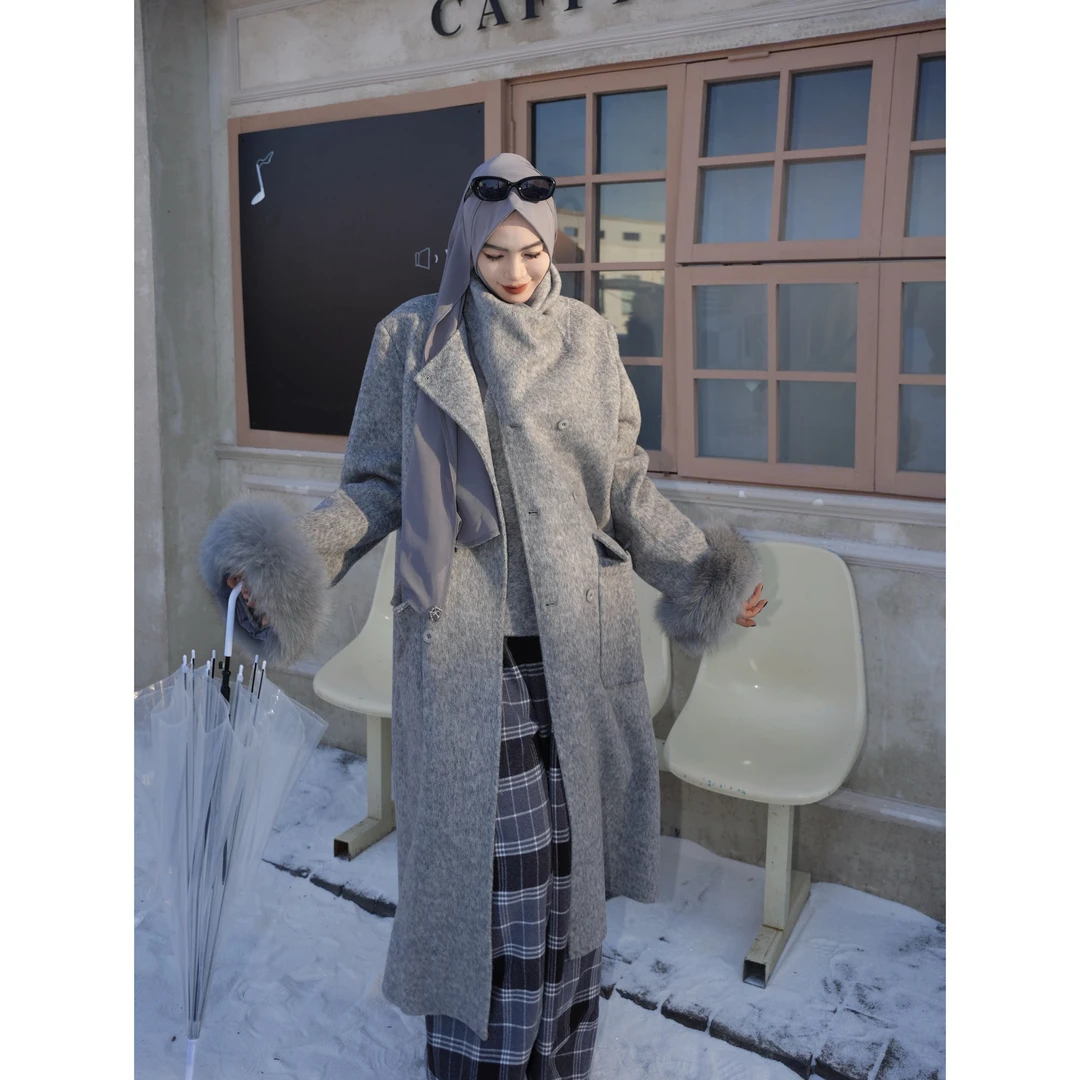 乙丝玛围巾款羊绒大衣高级感贵气狐狸毛可拆435