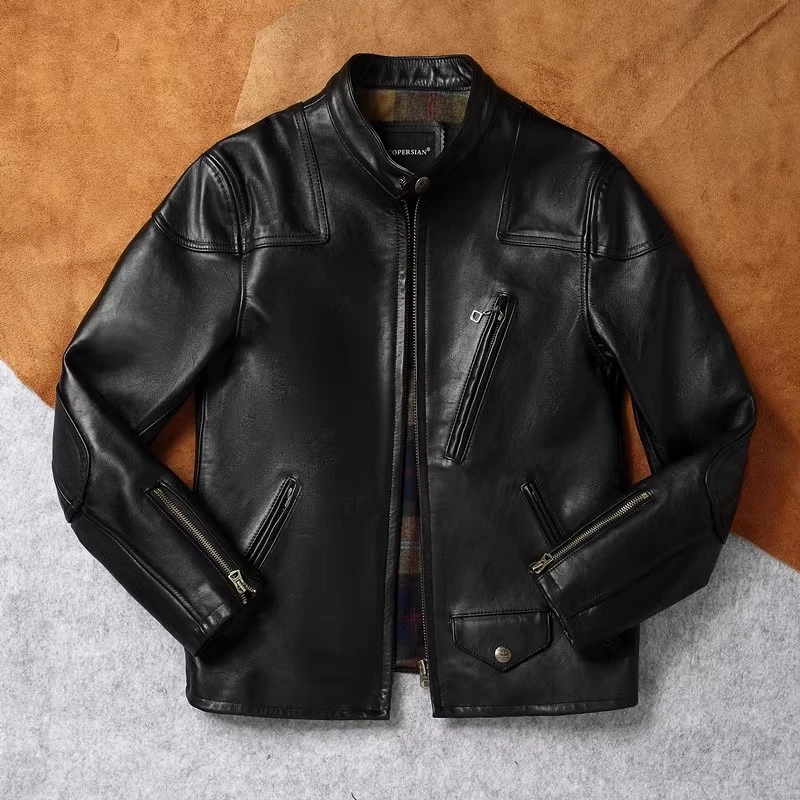 经典植鞣蜡染头层马皮皮夹克重磅机车立领皮衣男轻水洗短款外套