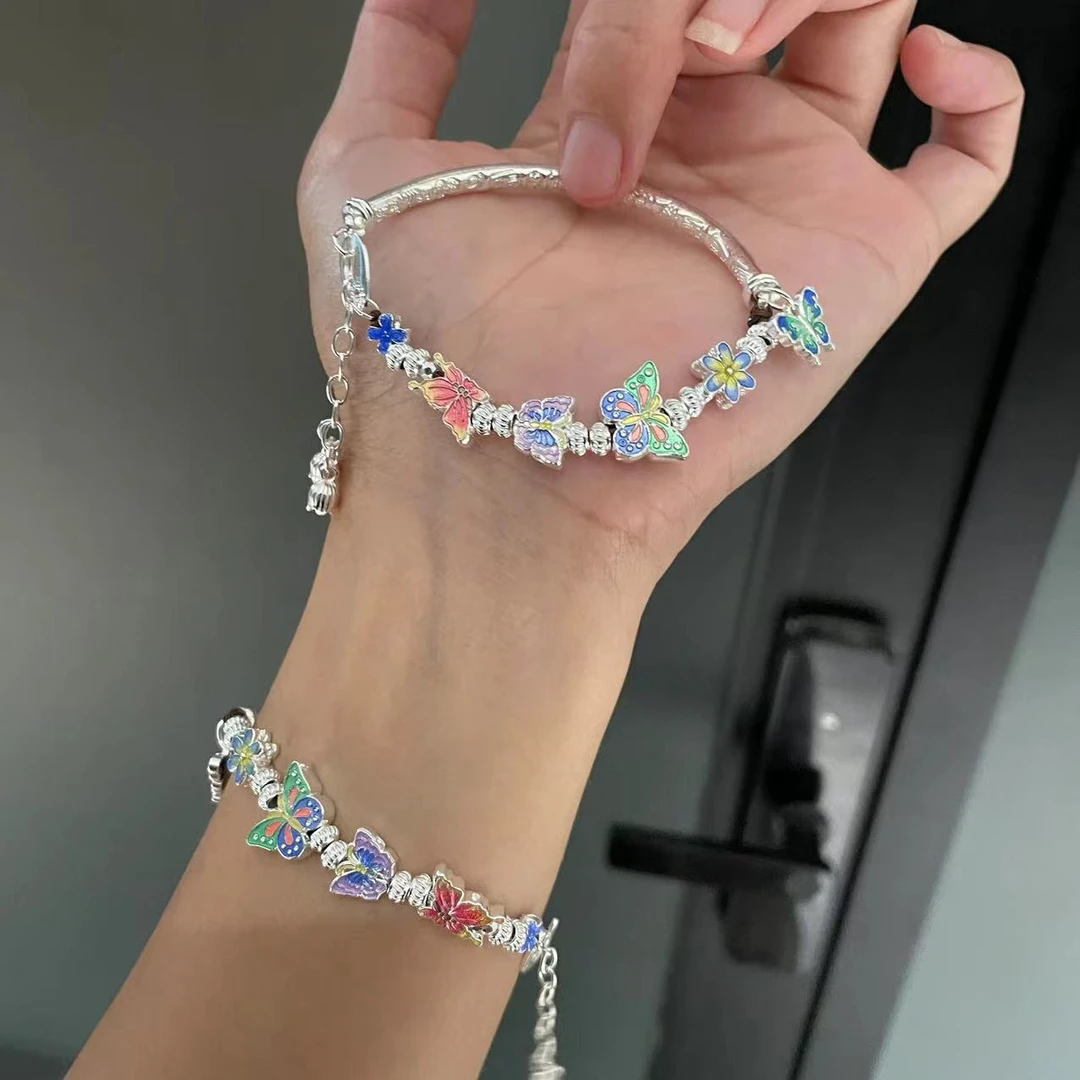 足银珐琅手镯 足银999.9珐琅蝴蝶手镯纯银半镯送女友闺蜜生日礼物