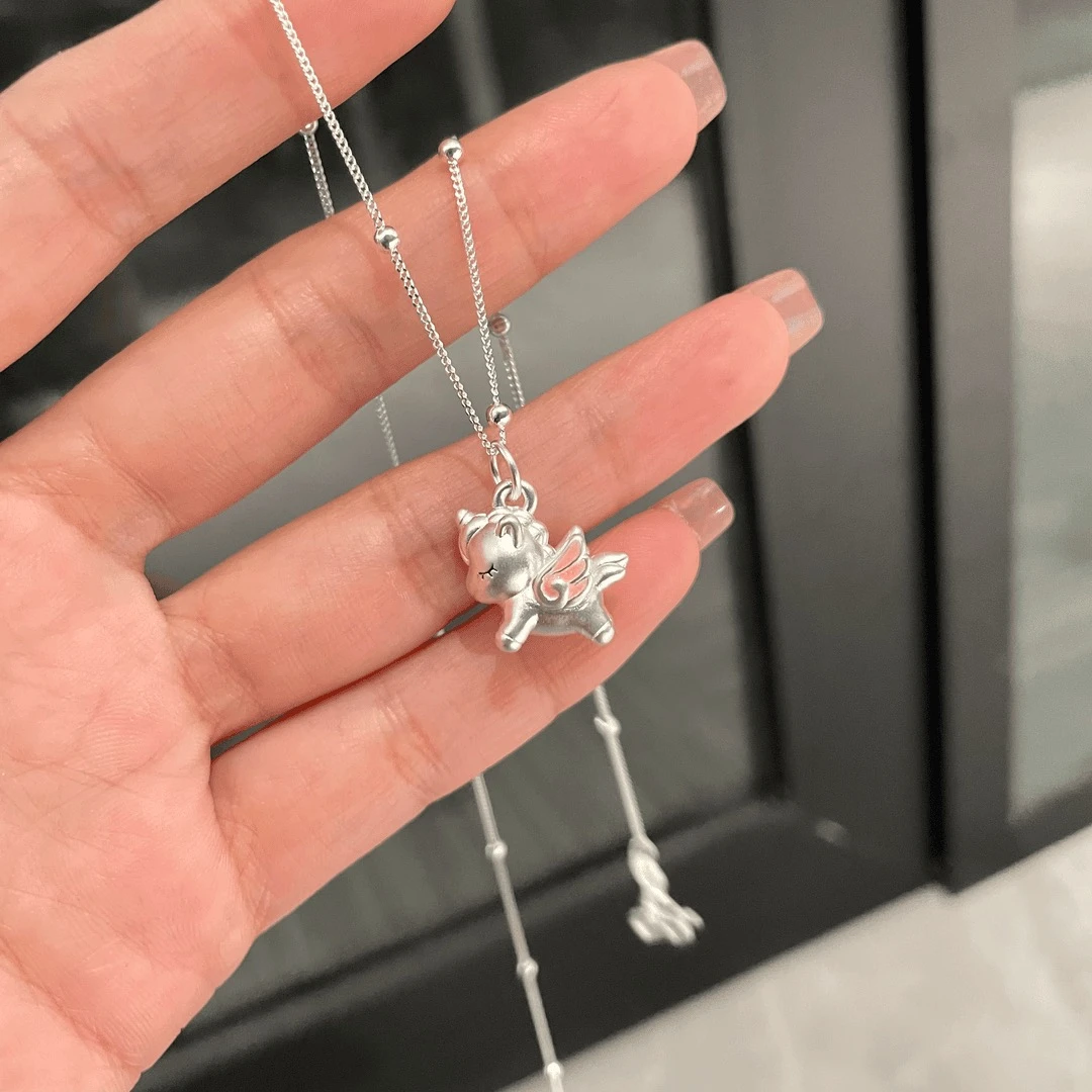 坠链均足银 足银999独角兽可爱时尚吊坠纯银项链小马套链锁骨链