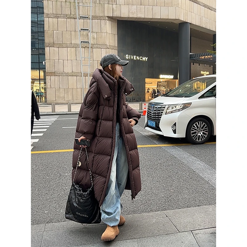 2024欧货冬季新款欧货连帽泡芙长款羽绒服女高级感白鹅绒服外套