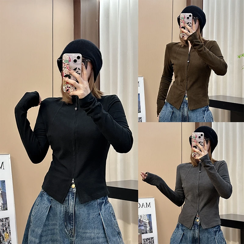 高级感洋气双拉链欧洲站女2024秋季加厚新款立领长袖德绒打底衫