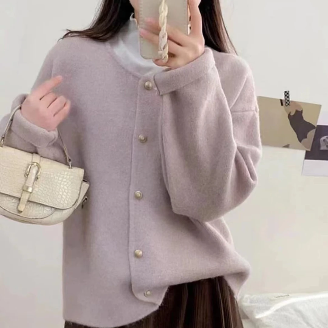 粉色毛衣外套女春秋2024新款宽松外穿日系慵懒风洋气外搭针织开衫