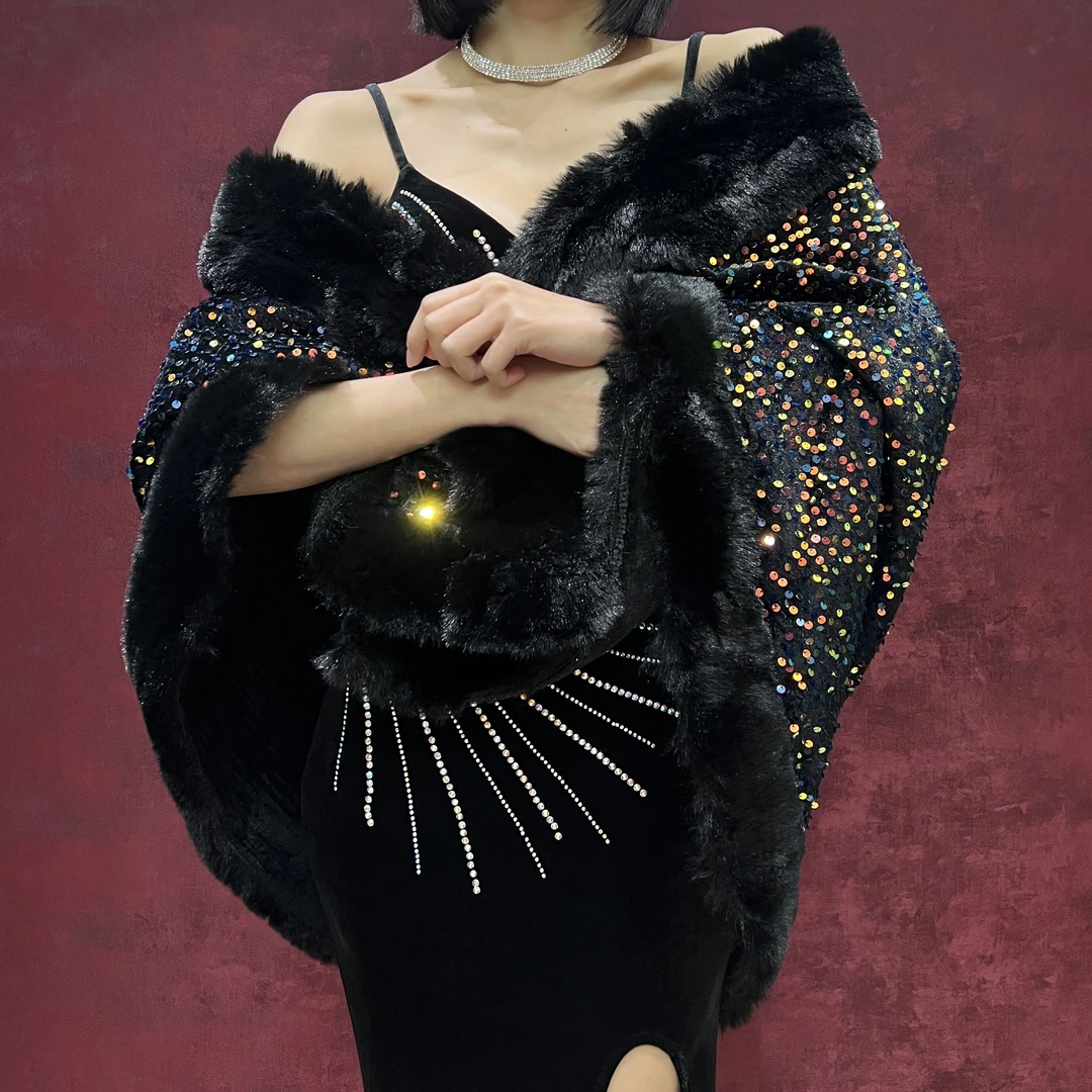 星空蓝轻奢贵气披肩奢华百搭亮片毛领保暖厚披肩外套轻奢冬款