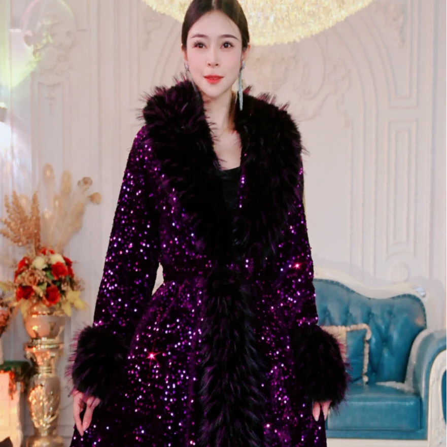 085烈焰皇后重工秋冬新款亮片轻奢毛毛外套高档洋气长袖大衣（02）