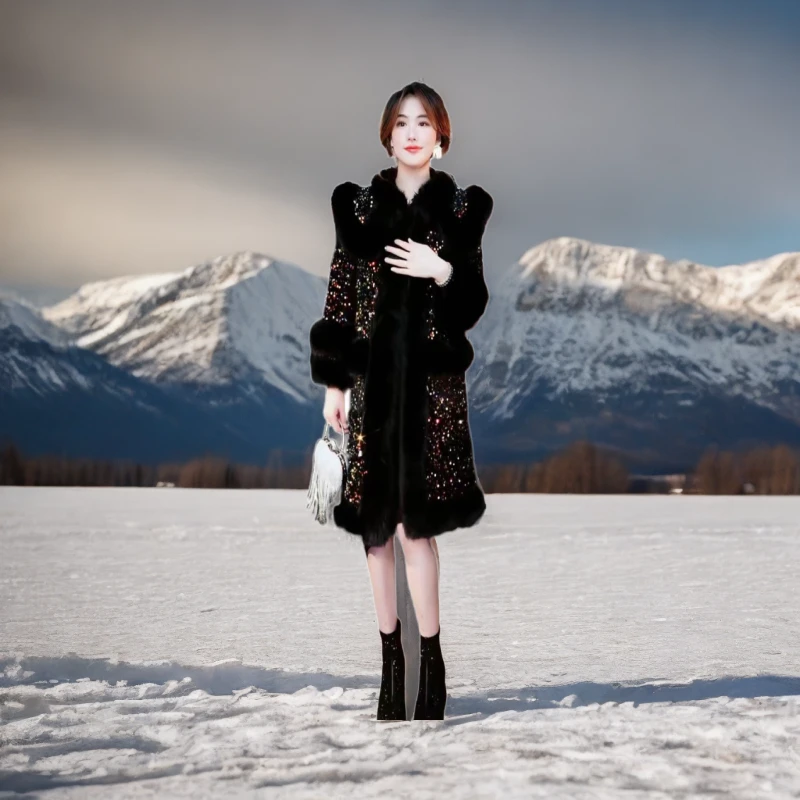 075年爆款重工亮片外套加绒加厚宽松高档冬季皮毛一体黑色厚大衣