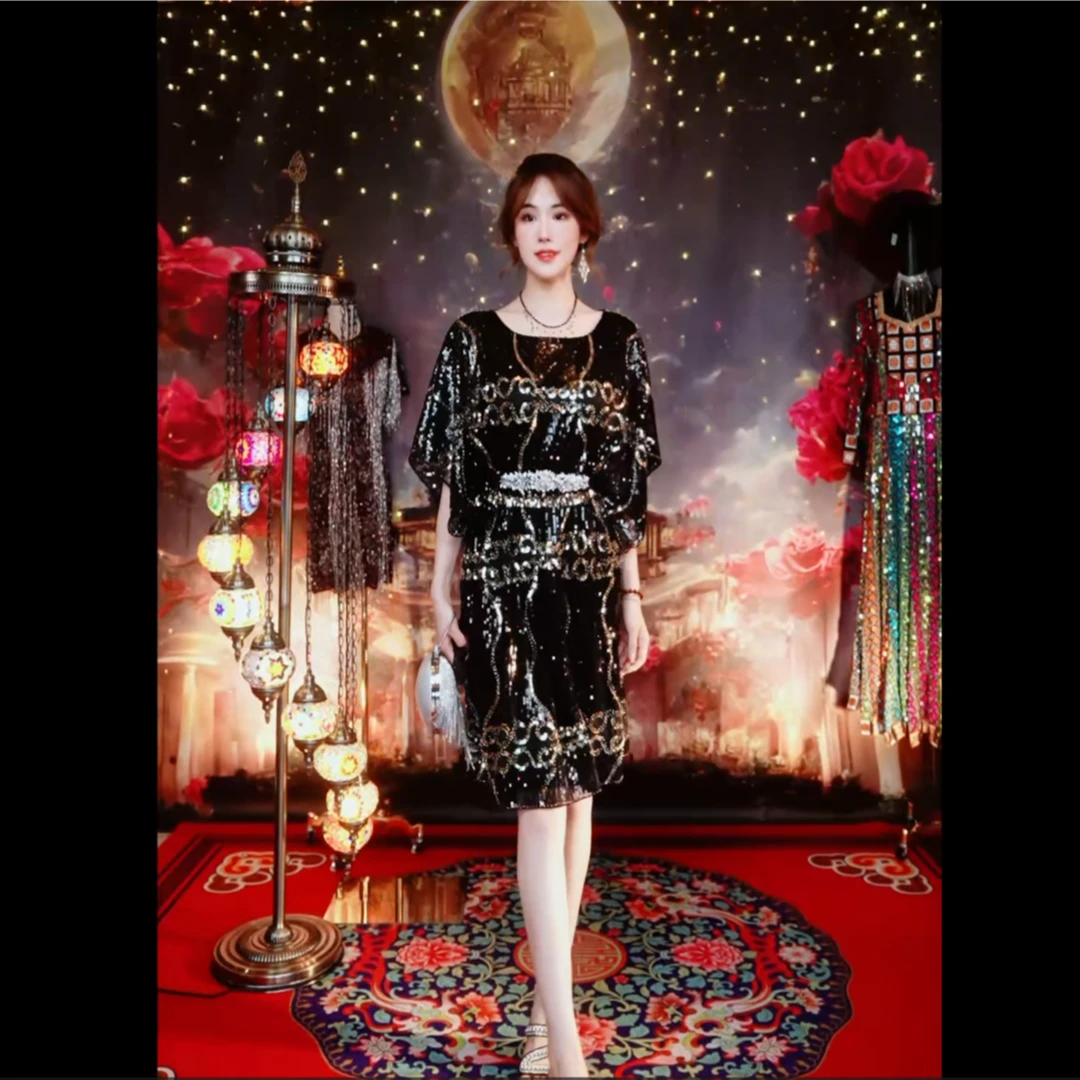 296女神范气质优雅荷叶边小黑裙女装夏装亮片连衣裙百搭礼服