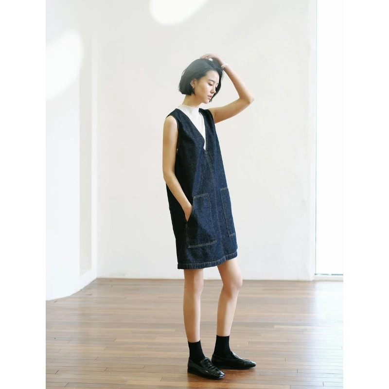 MADE OF SENSES春夏新款棉牛仔连衣裙马甲连衣裙V领裙原创设计