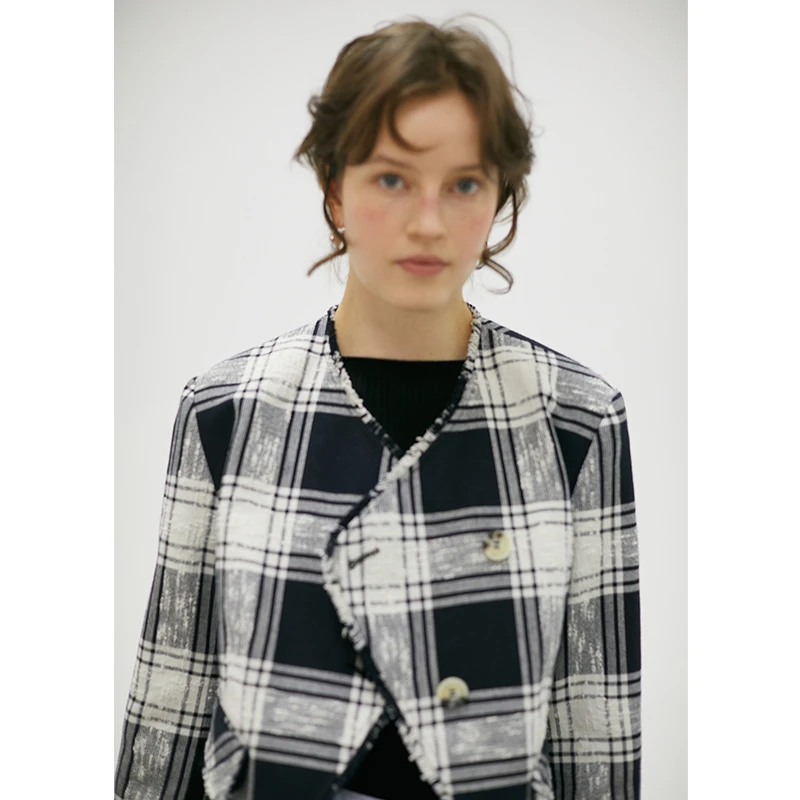 MADE OF SENSES格纹肌理短外套女黑白格子2022秋季新款原创设计感