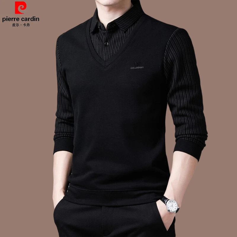 皮尔卡丹国际大牌秋季男上衣高档男装中青年百搭翻领上衣假两件潮