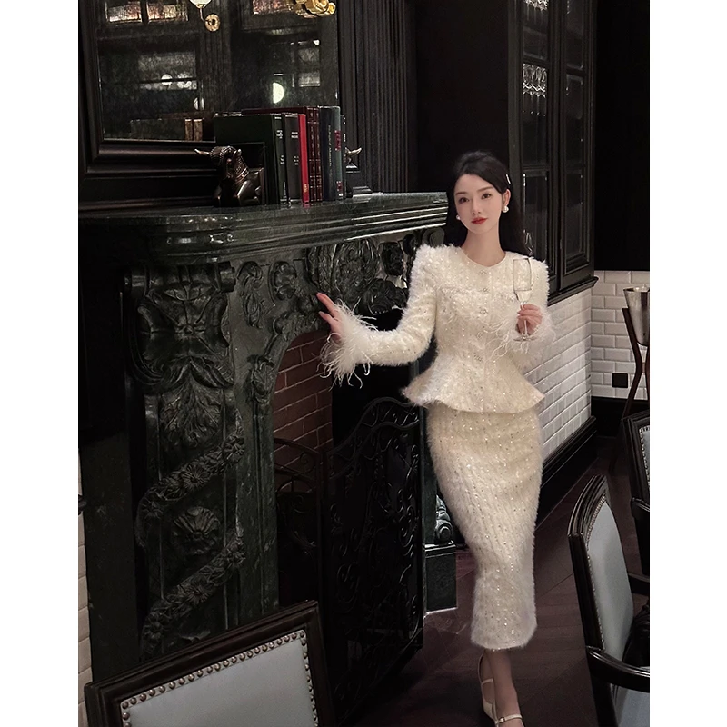 LRL【白月恋歌】原创设计款气质典雅白色小香风秋冬套装RL023173