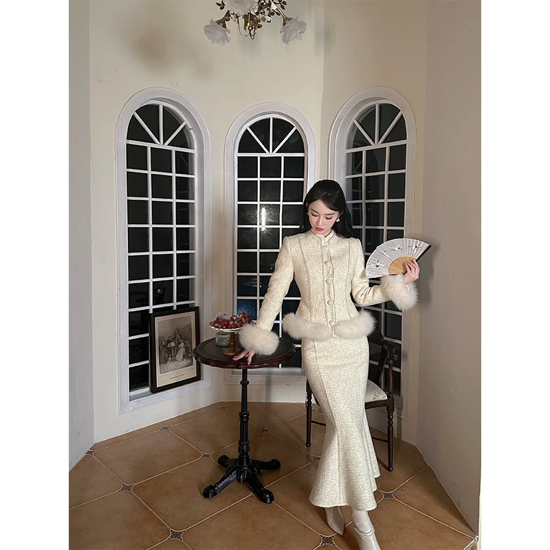 LRL【白月梵星】3原创设计师款时尚轻奢狐狸毛羊毛羽绒套装RL023373