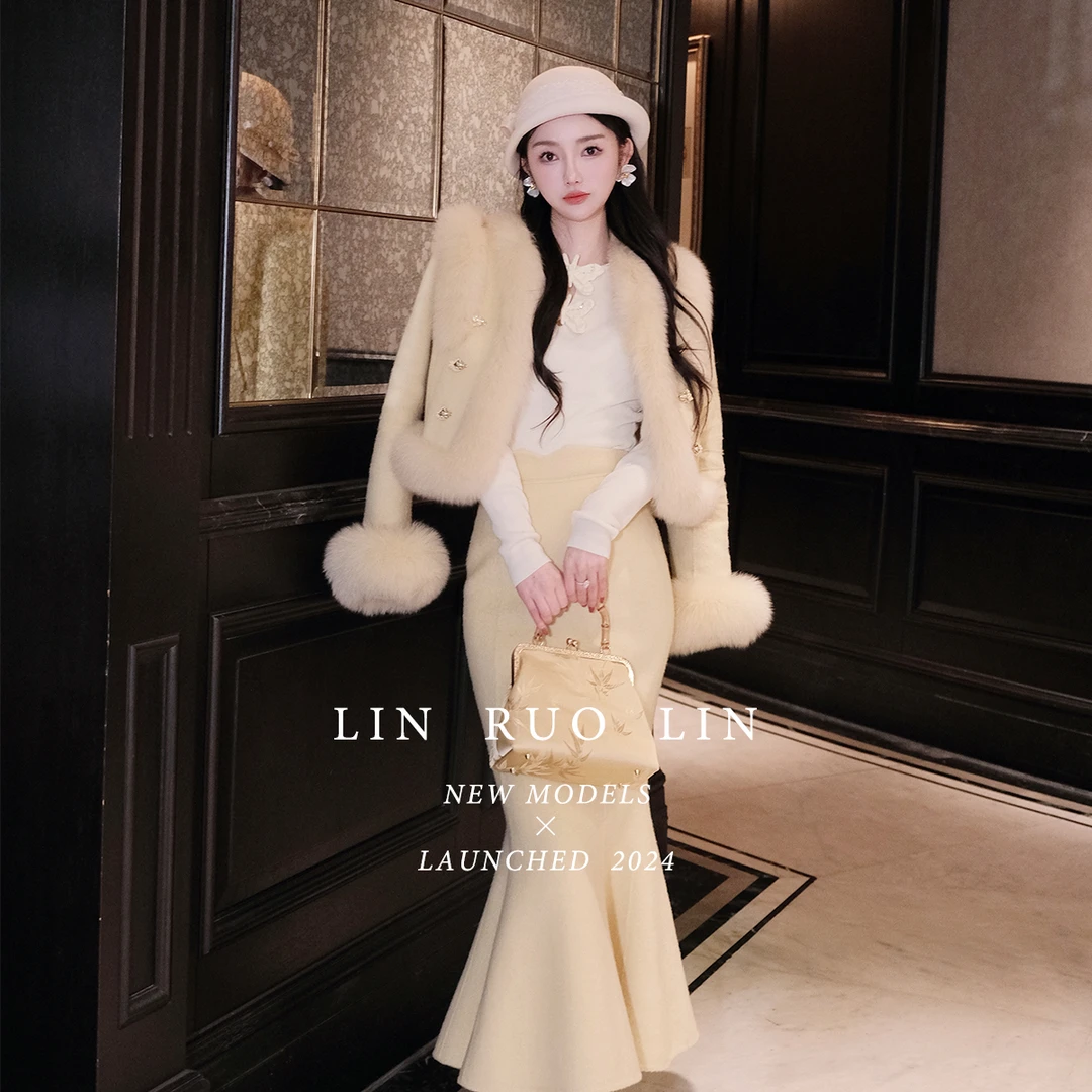 LRL【奶油芝士】2设计师款气质狐狸毛羊毛轻奢秋冬半裙套装RL024565