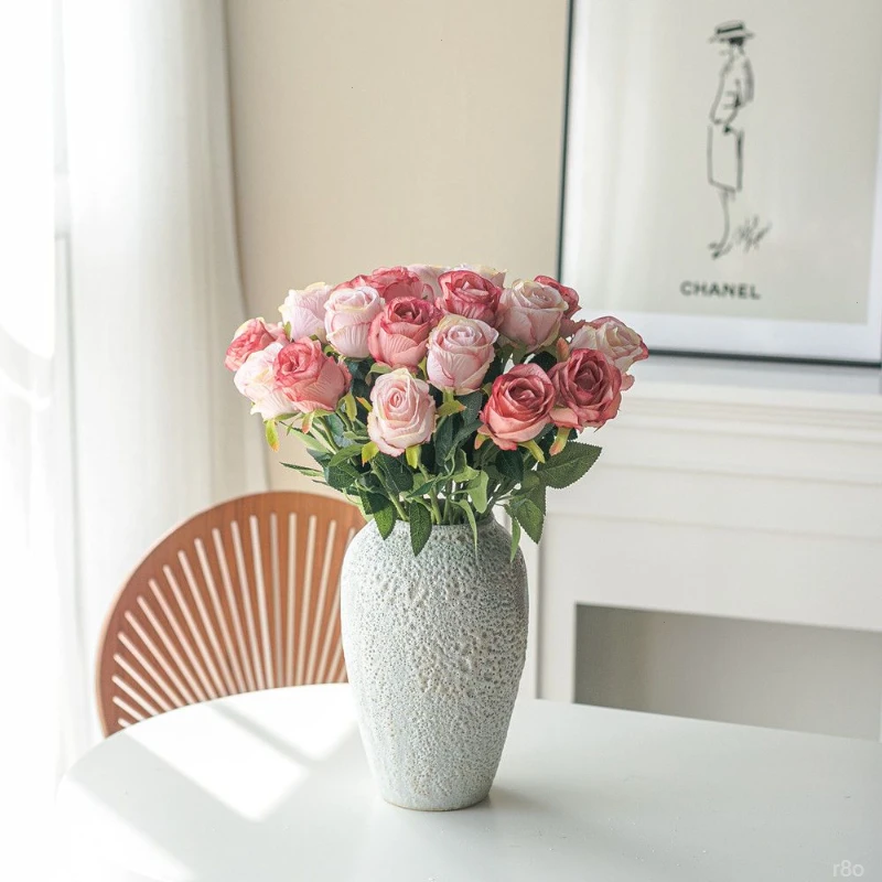 客厅摆件高档插花保加利亚假玫瑰花仿真花干花花束花瓶摆设装饰品