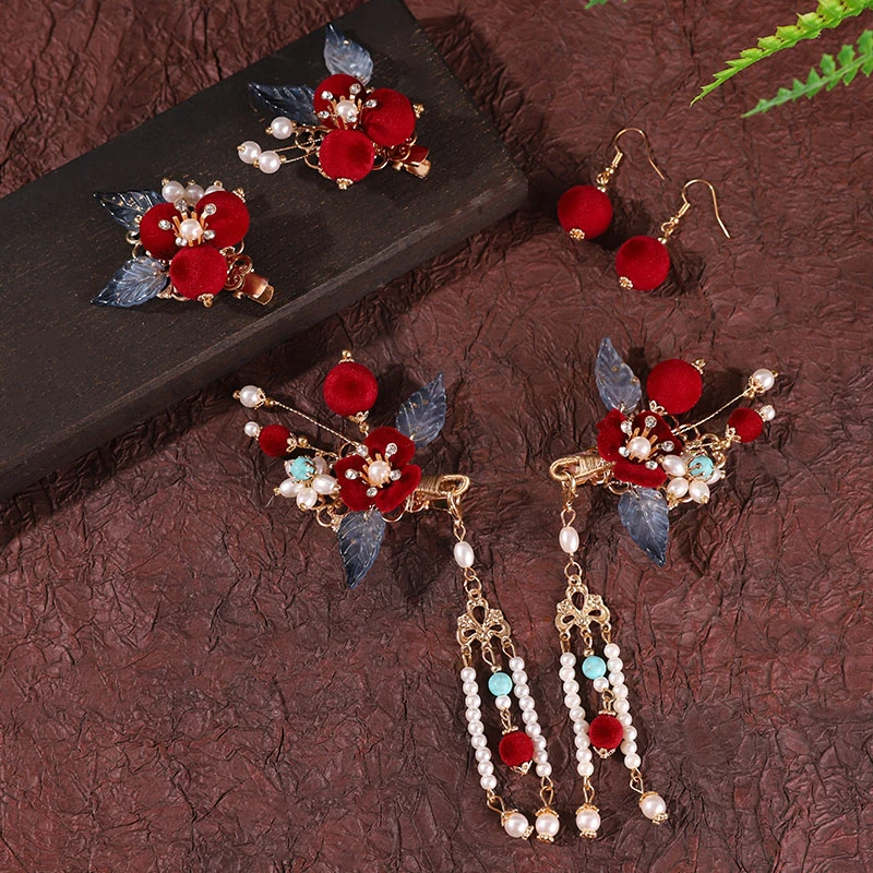 中式汉服头饰发夹套装古风发饰流苏对夹国风红色新娘头饰边夹配饰