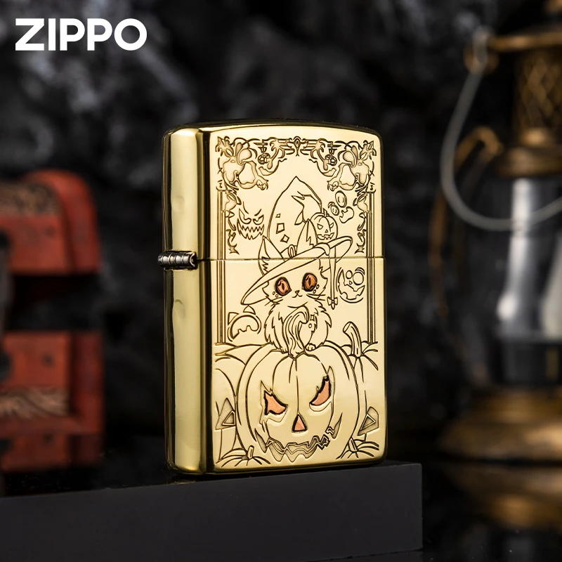 ZIPPO/之宝打火机万新款南瓜猫女巫黄铜精雕款官方正品火机DYX1H1