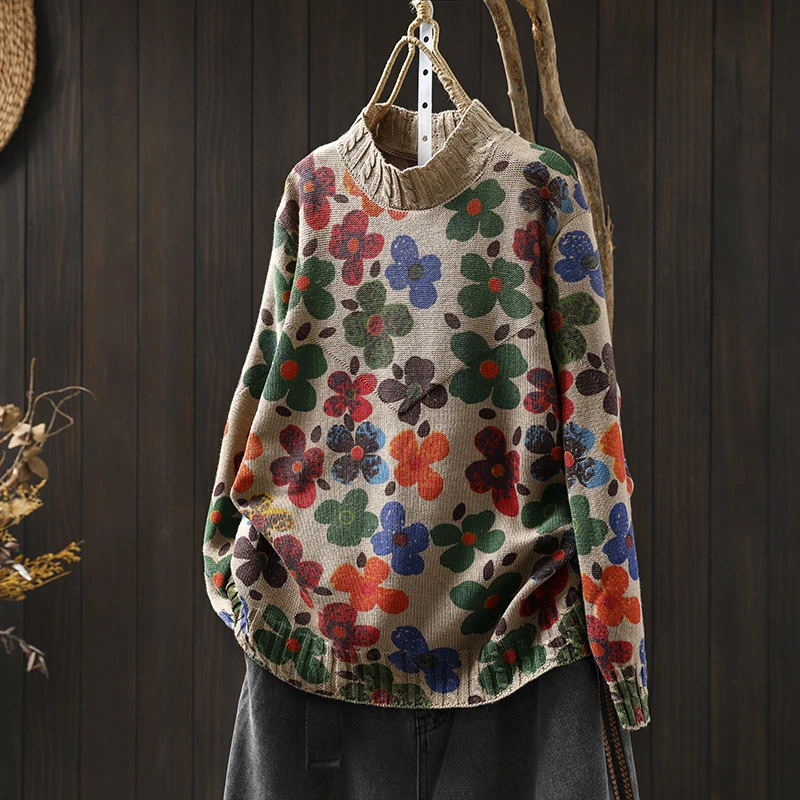 花朵印花半高领棉线针织毛衣女宽松显瘦秋装新款复古休闲套头上衣