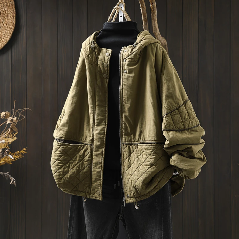 菱格拼接连帽棉服外套女宽松大码2025冬季新复古休闲个性保暖棉袄