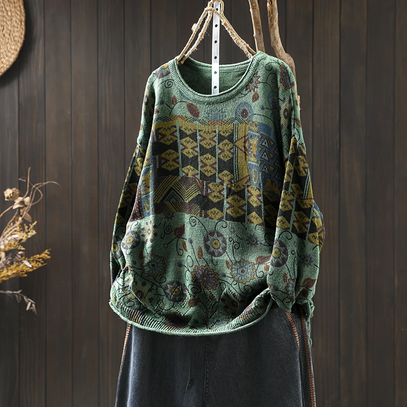 复古花色棉线针织毛衣女宽松大板春秋个性休闲圆领套头不起球线衣