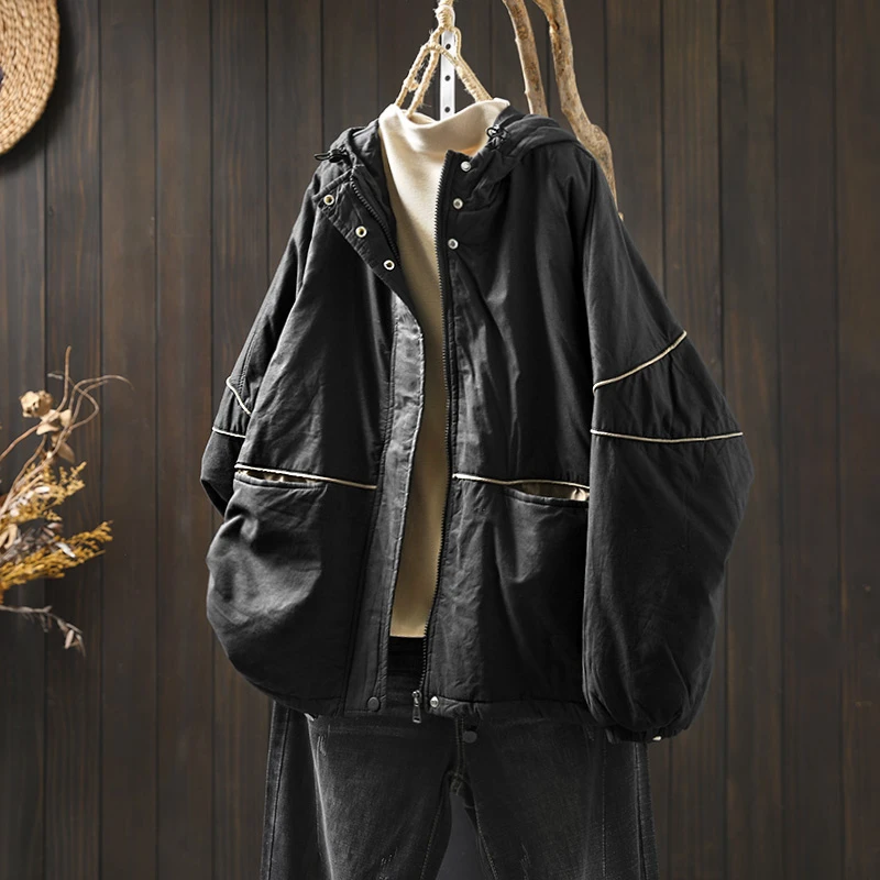 复古连帽轻薄款棉服棉袄女冬季新款宽松休闲保暖夹棉外套设计感