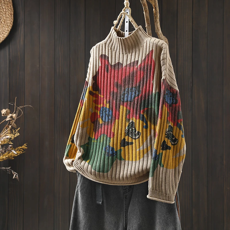 复古印花棉线毛衣女宽松慵懒2025冬季新款个性休闲半高领针织衫潮