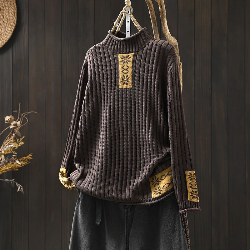 半高领棉线毛衣女宽松大码个性慵懒秋冬季民族风不起球打底针织衫