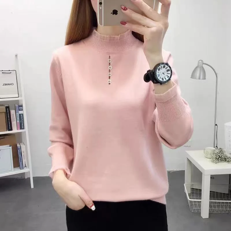 糖果色四扣蕾丝高领打底