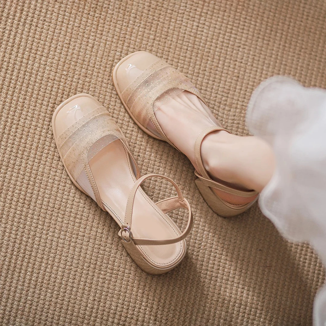 CQL透气网纱包头凉鞋女2024夏季新款浅口温柔粗跟单鞋百搭仙女风