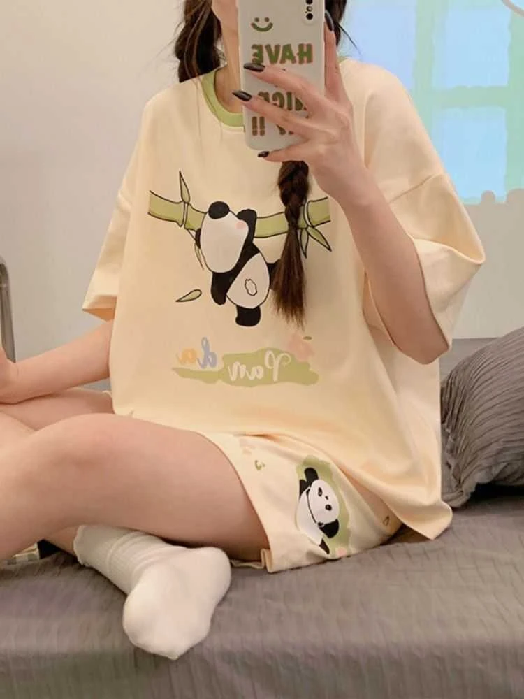 睡衣女士夏季短袖短裤两件套2024年新款夏款学生家居服可外穿卡通