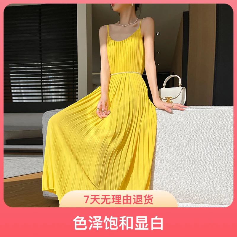 24年新款女士折叠弧形连衣裙时尚无袖褶皱设计感气质春夏百搭款