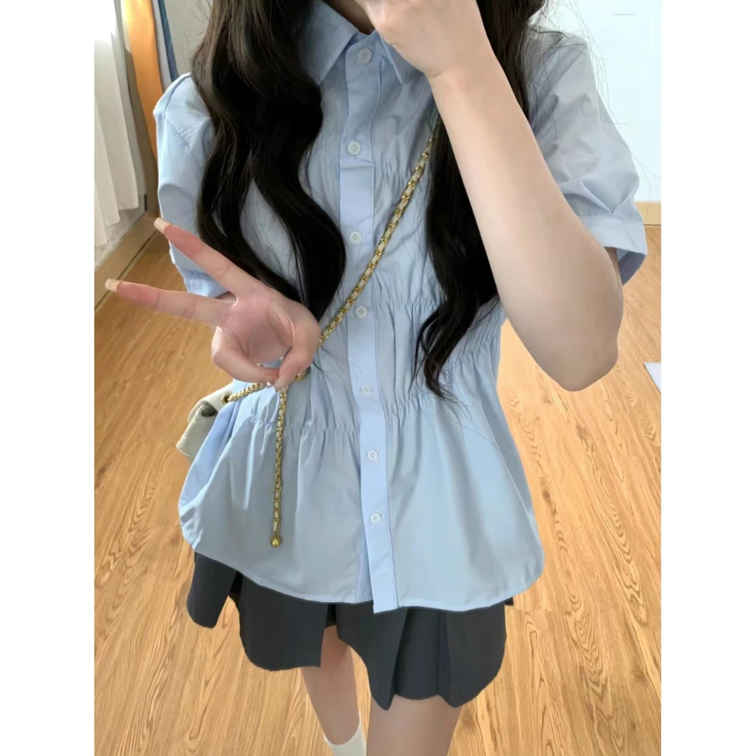 甜美蓝色短袖潮流新款衬衫女宽松设计感小众学院风高级感衬衣夏季