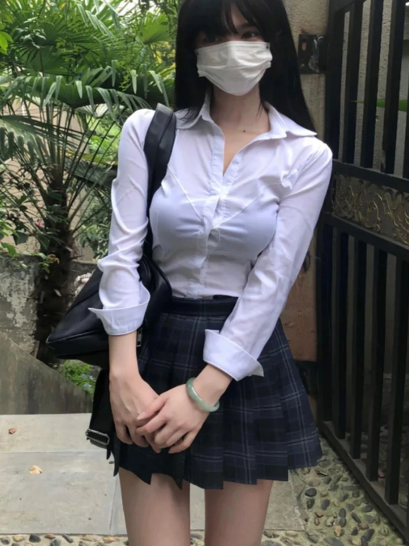 日系jk制服套装秋冬白色收腰衬衫女长袖修身显瘦上衣叠穿短裙外套