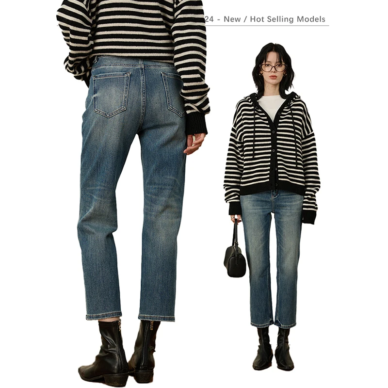 Rightcell浅蓝色酵素水洗牛仔裤女秋冬显瘦高腰窄版直筒烟管裤