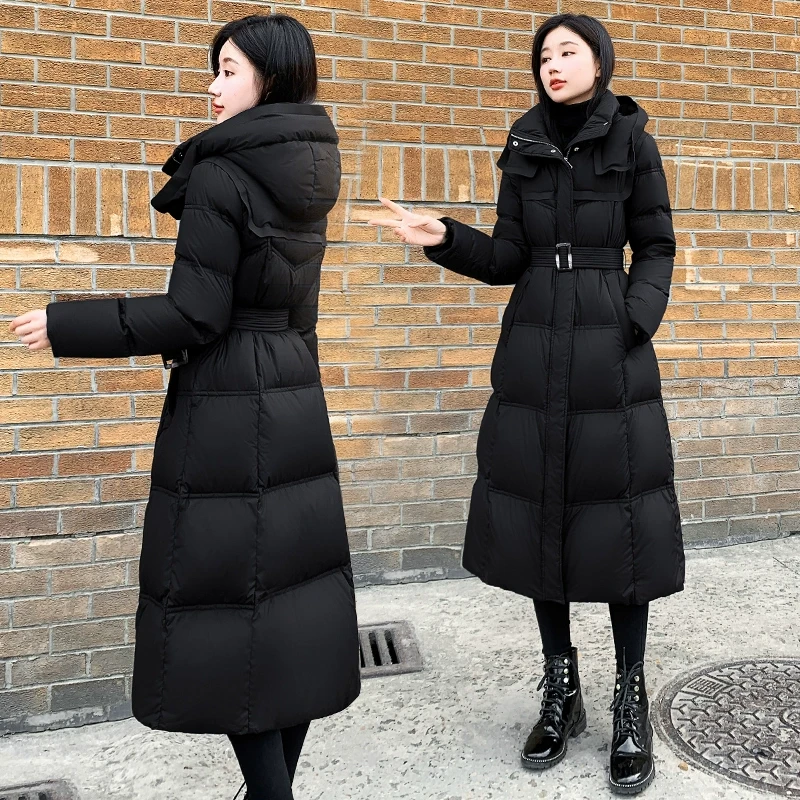 2025新款女装冬季修身收腰长款羽绒服女黑色显瘦过膝鸭绒外套连帽