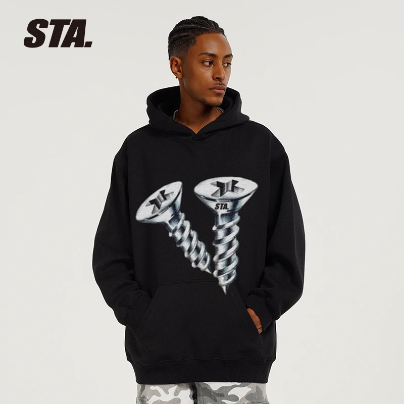 STA国潮400克重连帽卫衣重磅男女同款印花春秋男上衣百搭