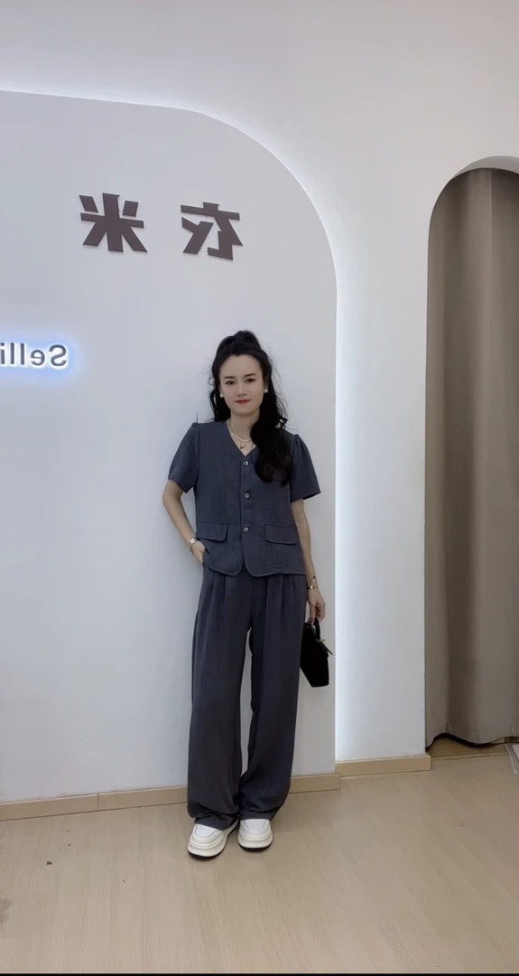 YI MI | 韩版夏装新款三粒扣V领衬衫长裤冰丝麻扎染垂感休闲套装