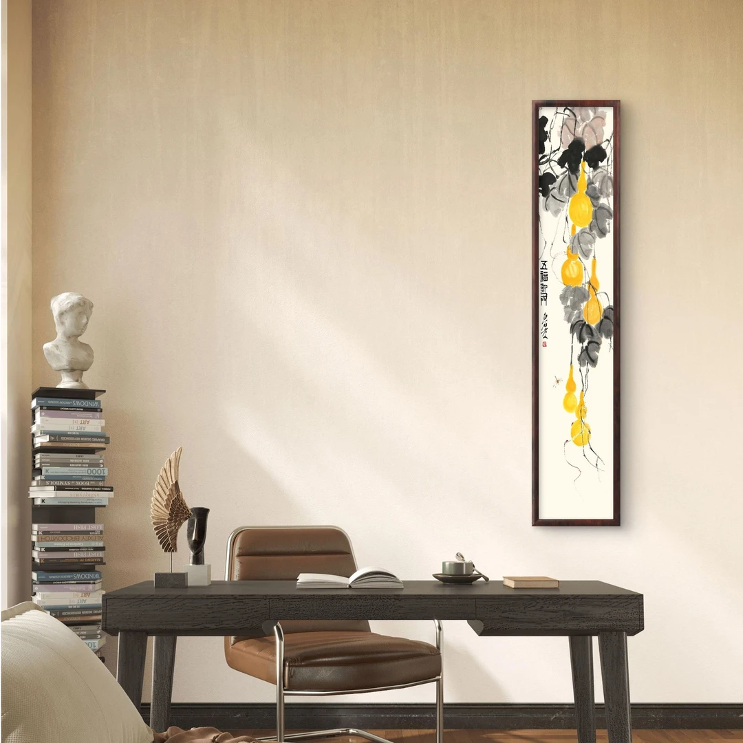 350-25*120五福临门中式装饰画实木框玄关书房茶室客厅挂画