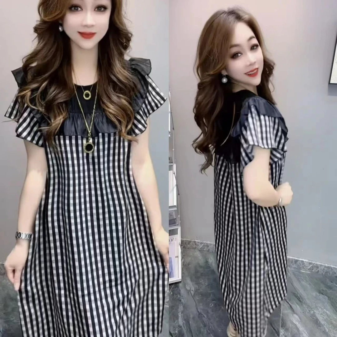 褶皱印花夏季常规街头风连衣裙韩版减龄女装格子中长款宽松