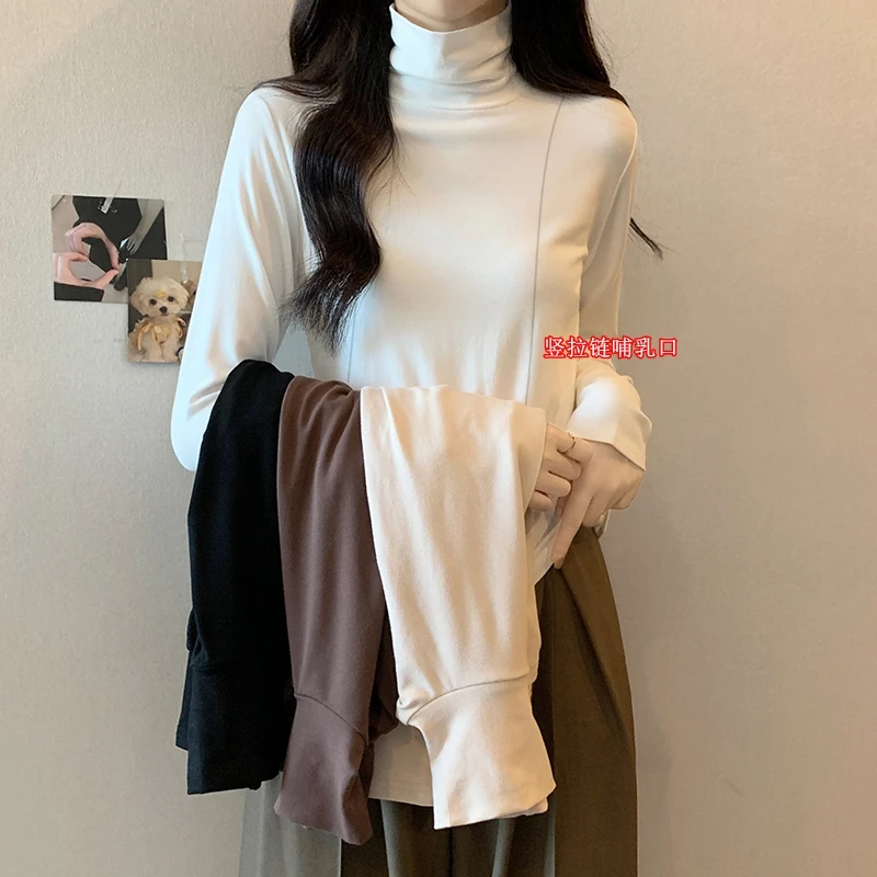 高领哺乳双面德绒打底衫女秋冬加绒内搭产后新款保暖喂奶上衣潮