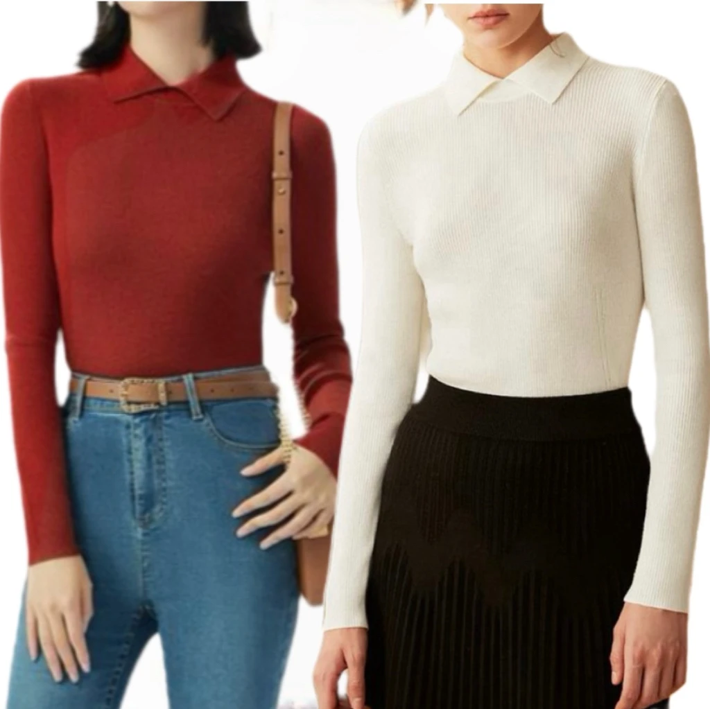 商场同款女装2025新款百搭翻领竖坑条绵羊毛针织衫毛衣女A301124