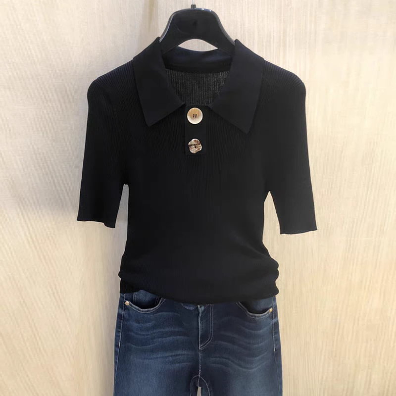 商场同款女装2025新百搭修身纯色Polo领冰丝针织短袖T恤女1399622