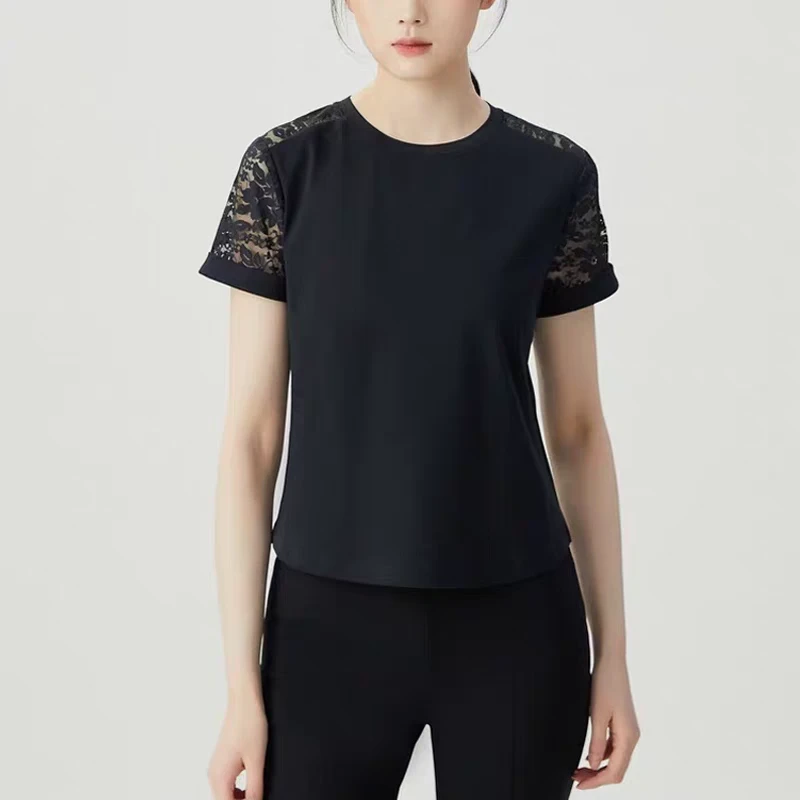 商场同款女装2025新款显瘦气质圆领蕾丝袖拼接短袖T恤女1300946