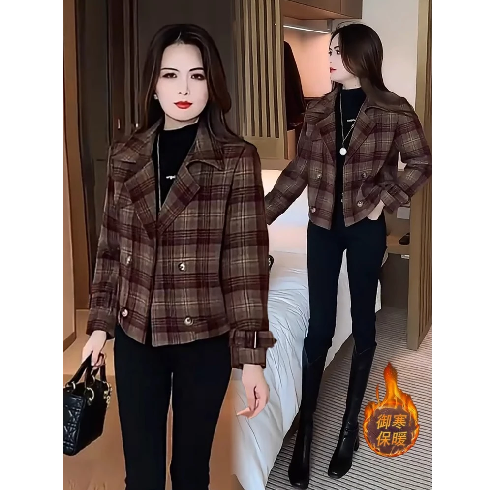 格子毛呢外套女2024秋冬新款时髦洋气小个子短款夹棉加厚呢子大衣