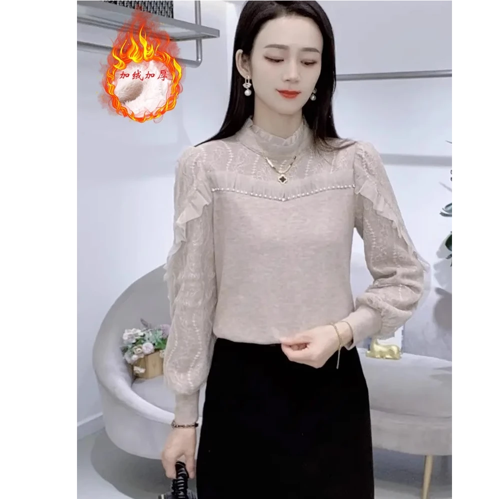 加绒加厚蕾丝打底衫女士秋冬季新款木耳边洋气显瘦半高领拼接上衣