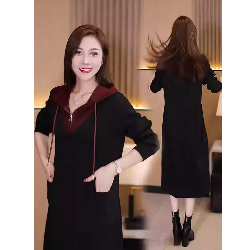 假两件连帽休闲连衣裙女时尚减龄显瘦秋冬长款配大衣百搭卫衣裙子