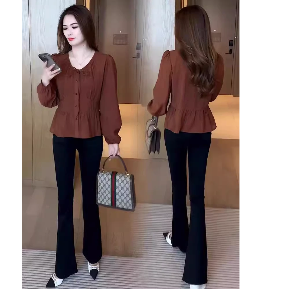 时髦V领衬衫女2024秋季新款洋气显瘦减龄荷叶边收腰长袖小衫上衣